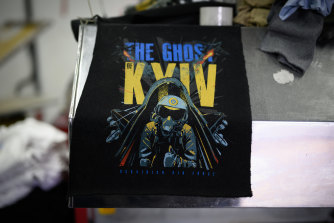 A T-shirt featuring “The Ghost of Kyiv” for sale last month in Lviv, Ukraine.