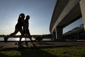 Locals exercise near Bridgewater Park, Rozelle.