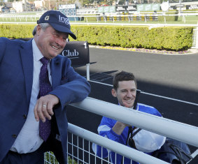 Trainer Gordon Richards and  Jason Collett are all smiles after the Concorde Stakes.