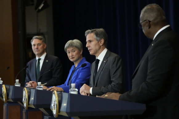 US Secretary of State Antony Blinken with Secretary of Defence Lloyd Austin, Australian Foreign Minister Penny Wong and Australian Deputy Prime Minister and Minister for Defence Richard Marles.