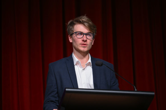 Greens candidate for Hawthorn Nick Savage addresses the crowd at the forum.