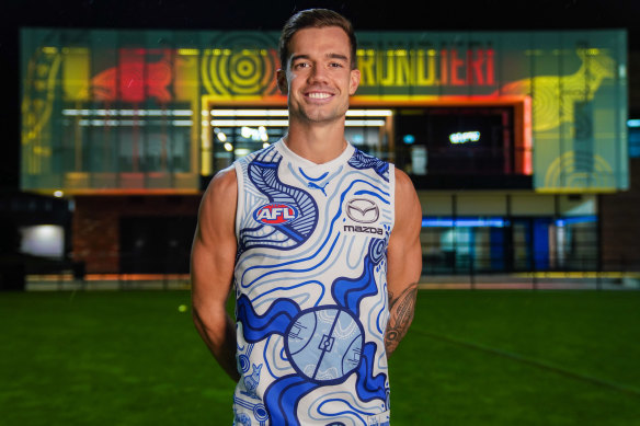 North Melbourne co-captain Jy Simpkin in the jumper which bears traditional totems.