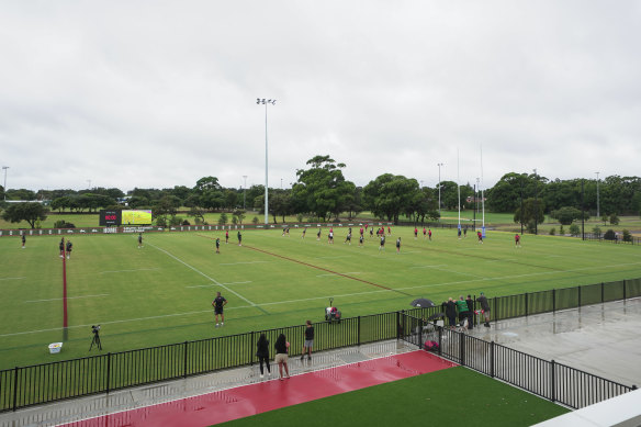 South Sydney training on their modified, smaller field to prepare for their match in the United States.