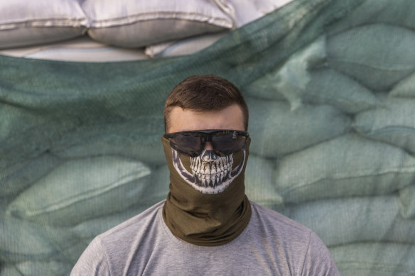 A member of the Ukrainian underground resistance, code-named Svarog, who was made available for an interview by the Ukrainian military, in south-eastern Ukraine.