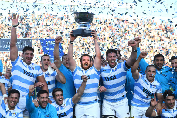 Argentina celebrate their stunning win over the Wallabies.