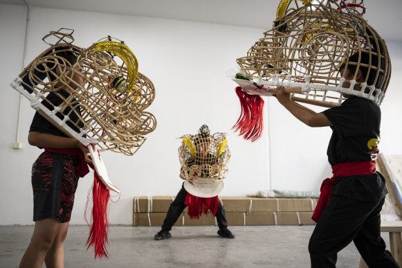 Members of the Lion Dance Kids group train at their Kingsgrove studio in January 2023.