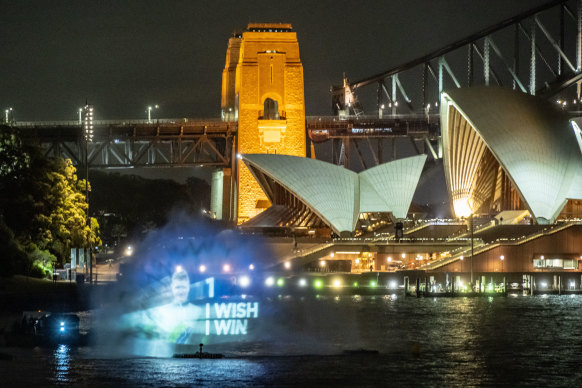 The barrier draw for I Wish I Win for The Everest is displayed on Sydney Harbour on Tuesday night.