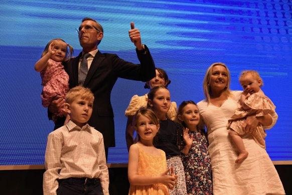 NSW Premier Dominic Perrottet and his family on stage at the launch.