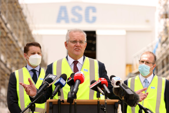 Prime Minister Scott Morrison addresses the media following his tour at ASC in Henderson, south of Perth.