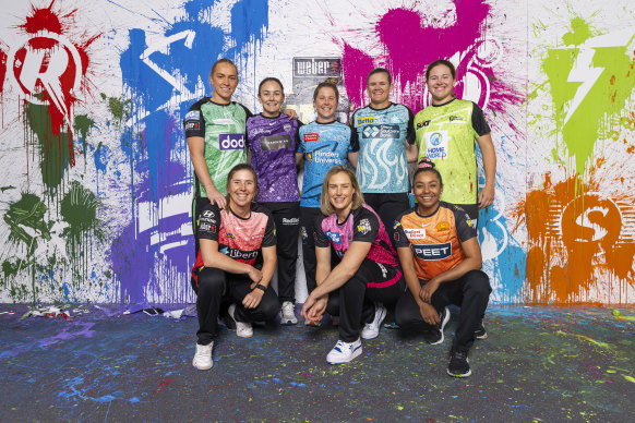 Kim Garth of the Melbourne Stars, Heather Graham of the Hobart Hurricanes, Jemma Barsby of the Adelaide Strikers, Jess Jonassen of the Brisbane Heat, Hannah Darlington of the Sydney Thunder (L-R) Georgia Wareham of the Melbourne Renegades, Ellyse Perry of the Sydney Sixers, and Alana King of the Perth Scorchers.