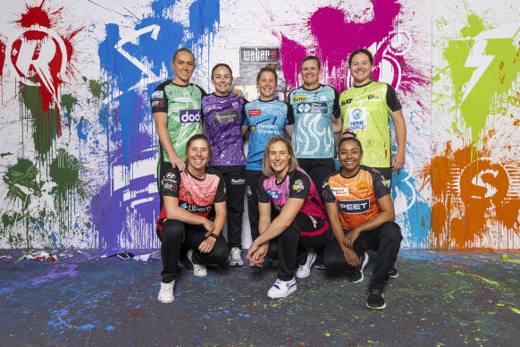  Kim Garth of the Melbourne Stars, Heather Graham of the Hobart Hurricanes, Jemma Barsby of the Adelaide Strikers, Jess Jonassen of the Brisbane Heat, Hannah Darlington of the Sydney Thunder (L-R) Georgia Wareham of the Melbourne Renegades, Ellyse Perry of the Sydney Sixers, and Alana King of the Perth Scorchers. 