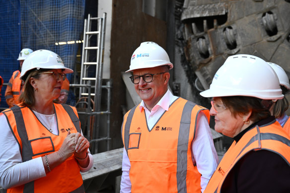 Prime Minister Anthony Albanese and Infrastructure Minister Catherine King (left) during a tour of Bradfield Metro Station at the Western Sydney Aerotropolis.