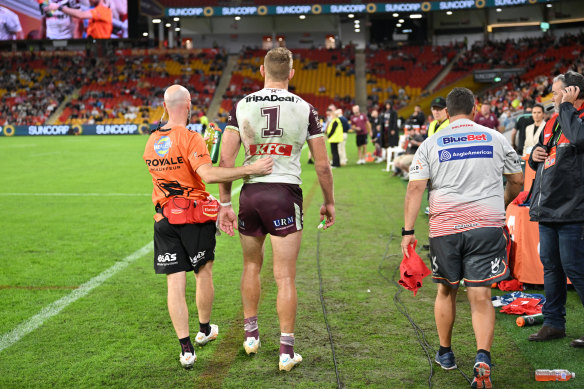 Tom Trbojevic limps from the field after suffering a hamstring injury.