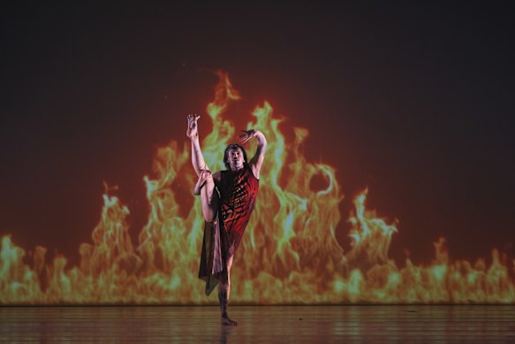 The burning landscape is powerfully represented.