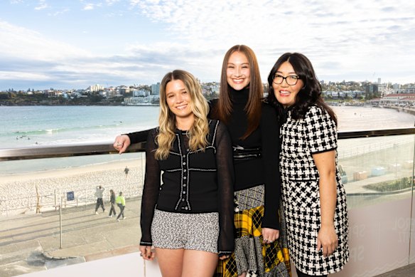 Rain Spencer, Lola Tung and Jenny Han in Bondi on Tuesday.