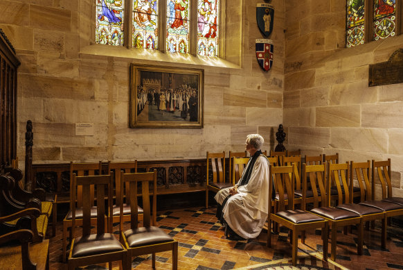 Dean of St Andrew’s The Very Reverend Sandy Grant inside the cathedral where a painting of Queen Elizabeth II hangs commissioned following her visit in 1954.