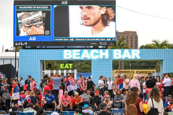 Crowds attending the Australian Open at the beach bar outside Rod Laver Arena for the men’s final. 