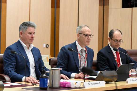 ‘Ban them’: Nine’s Mike Sneesby, News Corp’s Michael Miller and Seven West Media’s Jeff Howard in Canberra on Friday.