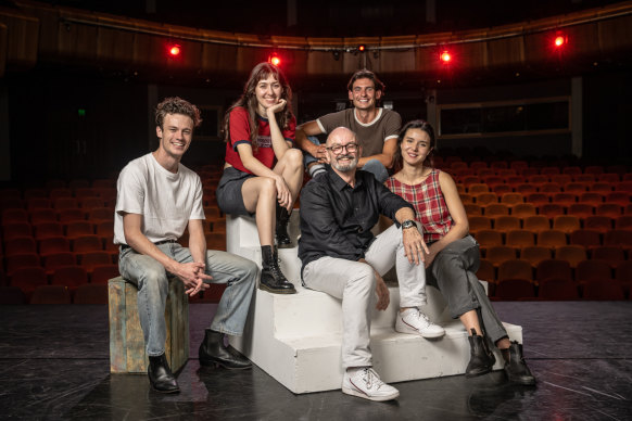 Class of ’23: NIDA graduates (from left) Jack Patten, Teodora Matović, NIDA head of acting John Bashford, JK Kazzi and Madeline Li.