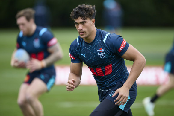 Joseph Suaalii warming up with the NSW Blues at a training camp in the Blue Mountains.