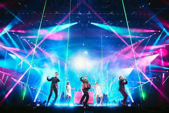 Swedish group Kaj perform Bara Bada Bastu at the 2025 Eurovision Song Contest.