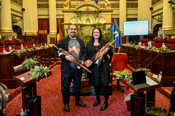First Peoples’ Assembly co-chairs Ngarra Murray (right) and Rueben Berg in Victorian parliament last year.