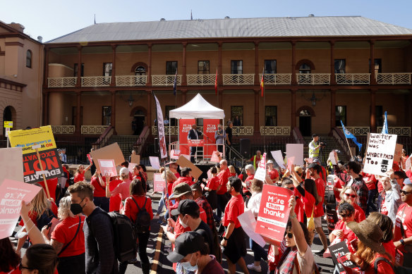 School teachers demanding higher pay march along Macquarie Street in May.