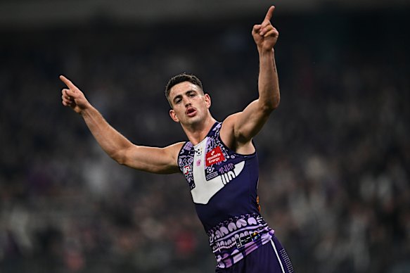 Patrick Voss celebrates a goal during last weekend’s decisive win over St Kilda.