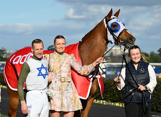 Trainer Lucy Yeomans, centre, with partner and regular jockey Blake Shinn, left, who  is not riding Changing Colours in the Toorak Handicap on Saturday because of the horse’s light weight. 