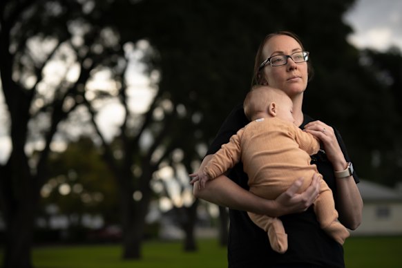 Kristy Gatt with son Blake, who was hospitalised with RSV after missing the window for free immunisation. 