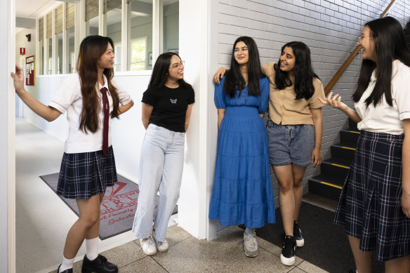 Blacktown Girls High students Sophia Pastoral, Olivia Zabel, Sofia Saeed, Aastha Tickoo, and Rachael Wu after recieving their HSC results on Thursday.