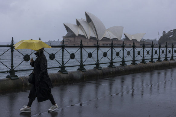 Wet weather at Circular Quay on Saturday afternoon.