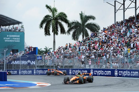 Oscar Piastri and Lando Norris in action in Miami.