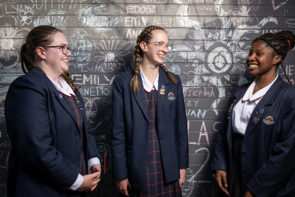 Rebecca, Abigail and Diadem, of St Patricks College in Campbelltown, say they like the “sisterhood” of an all–girls school.