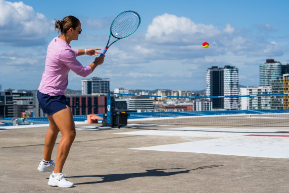 Ashleigh Barty plays some rooftop tennis during a recent hospital visit in Brisbane.