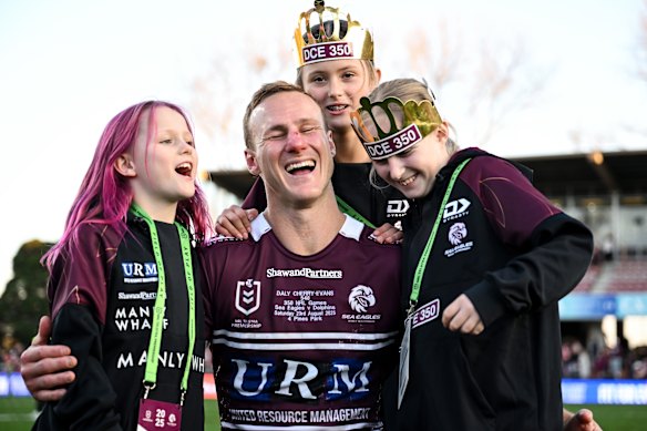 Daly Cherry-Evans celebrates his 350th NRL game with daughters Navi, Harvie and Tully.