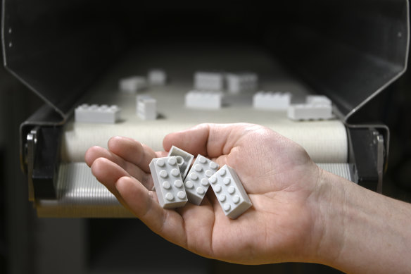 The prototype Lego brick made from plastic PET bottles.