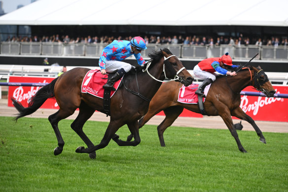 Manzoice (foreground) nails Sharp ‘N’ Smart late to win last year’s Victoria Derby at Flemington.