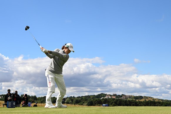 Open leader Hinako Shibuno on the 15th at Muirfield.