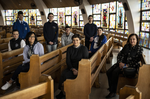 Parishioners at the Our Lady of Lebanon Co-Cathedral in Harris Park. From front left: Tina Salame, Sister Margaret Ghosn, principal of the Maronite College of the Holy Family, Cathy Saad. Students at the college are in the back row.