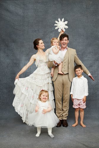 Dana wears Nevenka “A symbol of Transformation” dress. Lachy wears Dom Bagnato three-piece suits and shirt, R.M. Williams boots. Lulu (at left) wears Fox & Finch dress from David Jones, Seed Kids hair bow and tights. Lottie wears Fox & Finch dress from David Jones, Seed Kids hair bow. Jasper wears Country Road shirt and shorts.