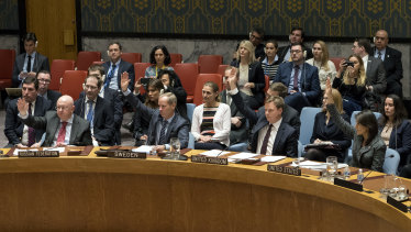 Members of the Security Council vote on the cease-fire resolution.