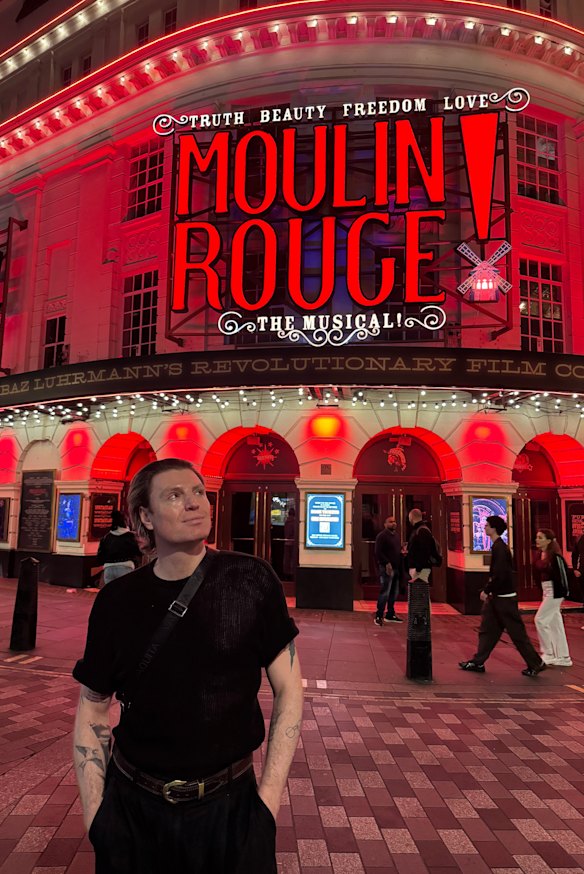 Kaye outside the Piccadilly Theatre in London’s West End, where he saw Moulin Rouge! The Musical in person for the first time this year.