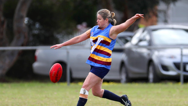 Lee Brown playing in a one-off AFL Masters Carnival in  Geelong in October 2017. She has signed up to the inagural Women's AFL Masters competition that is about to kick off.