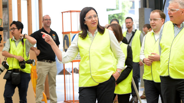Queensland Premier Annastacia Palaszczuk (centre) visits the TAFE Skill Centre at Acacia Ridge.