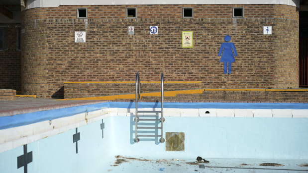 An empty public swimming pool in Mitchells Plain outside of Cape Town.