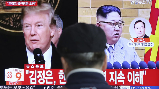 A TV screen at Seoul Railway Station in South Korea announces the pending talks between Kim Jong-un and Donald Trump.
