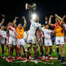 Courtney Lawes and England players celebrate their 2-1 series victory over the Wallabies at the SCG on Saturday night. 