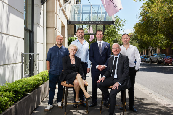 From left: Etymon’s director of culinary Sebastien Lutaud, Etymon chief executive Lisa Hobbs, director of operations Neil Leo, Langham general manager Shane Jolly, Langham regional vice-president operations Jeffrey Van Vorsselen, Etymon director of wine Paolo Saccone.