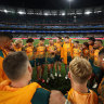 MELBOURNE, AUSTRALIA - JULY 29:  Quade Cooper of the Wallabies talks to team mates in a huddle after losing The Rugby Championship & Bledisloe Cup match between the Australia Wallabies and the New Zealand All Blacks at Melbourne Cricket Ground on July 29, 2023 in Melbourne, Australia. (Photo by Cameron Spencer/Getty Images)